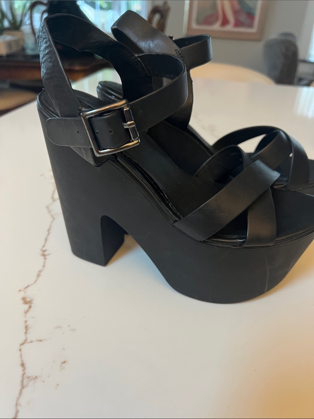 Topshop Black Leather Crisscross Ankle Strap Block Heels